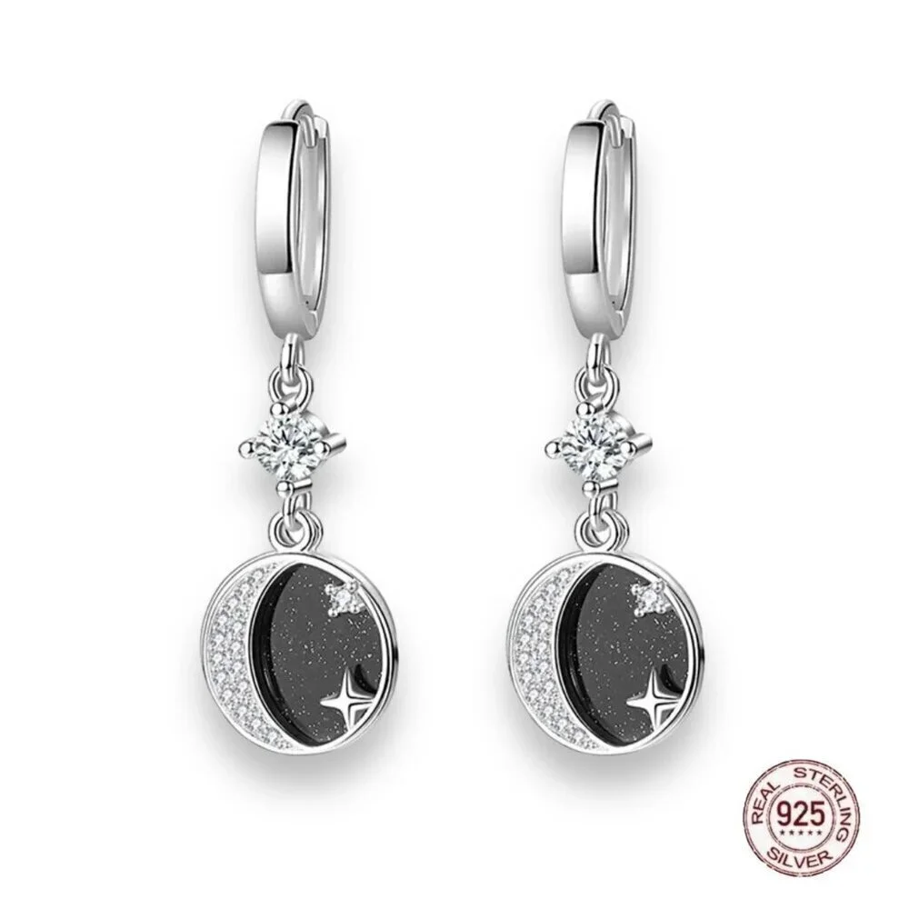 NWT Star Moon Dangle Drop Earrings S925 Sterling Silver CZ Enamel Celestial